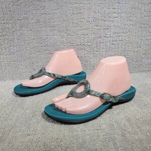 Vionic 340 Karina Womens Size 8 Teal Snake Print Slip On Flip Flop Thong Sandals